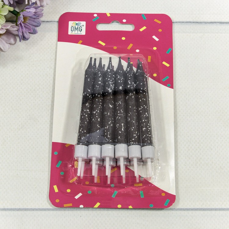 Свечи для торта набор (12 шт.) 8см с блёстками Чёрный 1/12 1/144 Арт: 20010-95/22