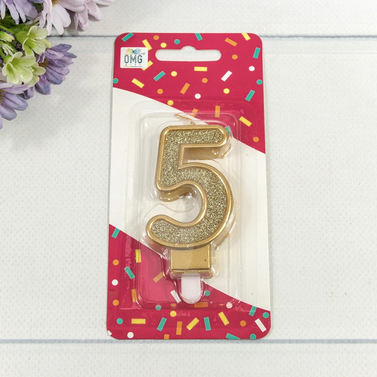 Свеча для торта Цифра 5 с блёстками 7см Золотой 1/12 1/120 Арт: 20010-81/5