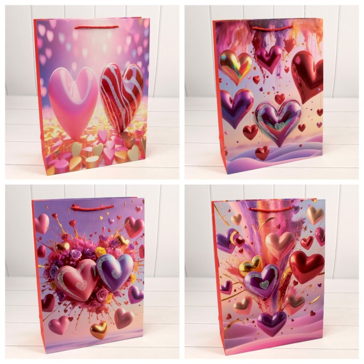 Пакет подарочный с красным тиснением "Сердца" (микс) 30*41,5*12 210г 1/20 1/80 Арт: 000112A